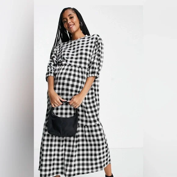 knee length dresses for ladies Green Check Midi Dress Gingham Tie Waist Collared main image 1